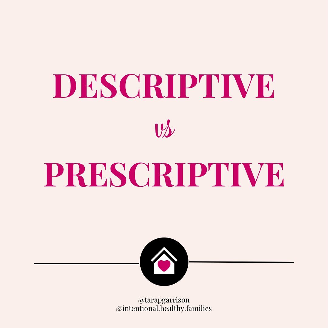 Have you ever seen 2 accounts talk about the same topic but they leave you with completely different feelings? 

This is what I call descriptive vs prescriptive (or information vs condemnation 😜)

Descriptive accounts tell you what they’re doing/using/learning and share information from a place of generosity and with the hope that it may be helpful for you, but do not attach any type of morality or “shoulds” to the topic. 

Prescriptive accounts share with the undertone that if you’re not also doing, using, buying, or believing what they do, that you’re somehow not trying hard enough, not healthy/crunchy/homesteady/homeschooly/Christian/fit/mom enough. 

Prescriptive accounts are often legalistic in their beliefs and approach and leave you feeling “less than”. Descriptive accounts share without expectations and leave you feeling educated and empowered whether you choose to implement any of the information learned or not. 

This year, let’s seek out descriptive accounts that make us feel better when we close Instagram for the day! 

#crunchymom
#homeschool
#homeschoolmom
#simpleliving
#anxiety
#homesteading
